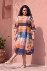 Plus Size Floral Check Printed A-Line Midi Dress