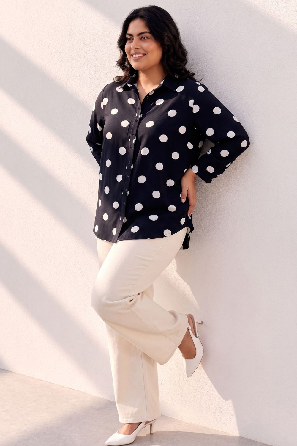Plus Size Black Polka Print Rayon Shirt