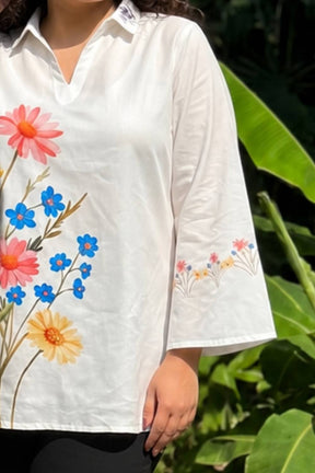 Plus Size White Floral Printed Cotton Top