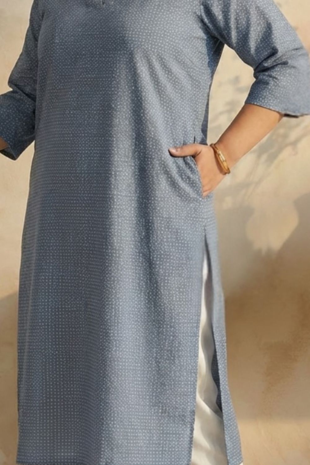 Comfortable Plus Size Mid Blue Cross Weave Denim Cotton Kurta