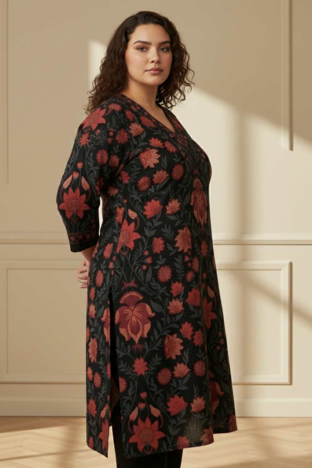 Plus Size Black Red Floral SnugWeave™ Winter Kurta