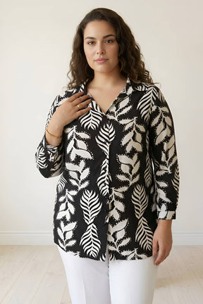 Plus Size Black White Leaf Print High Slit Longline Shirt