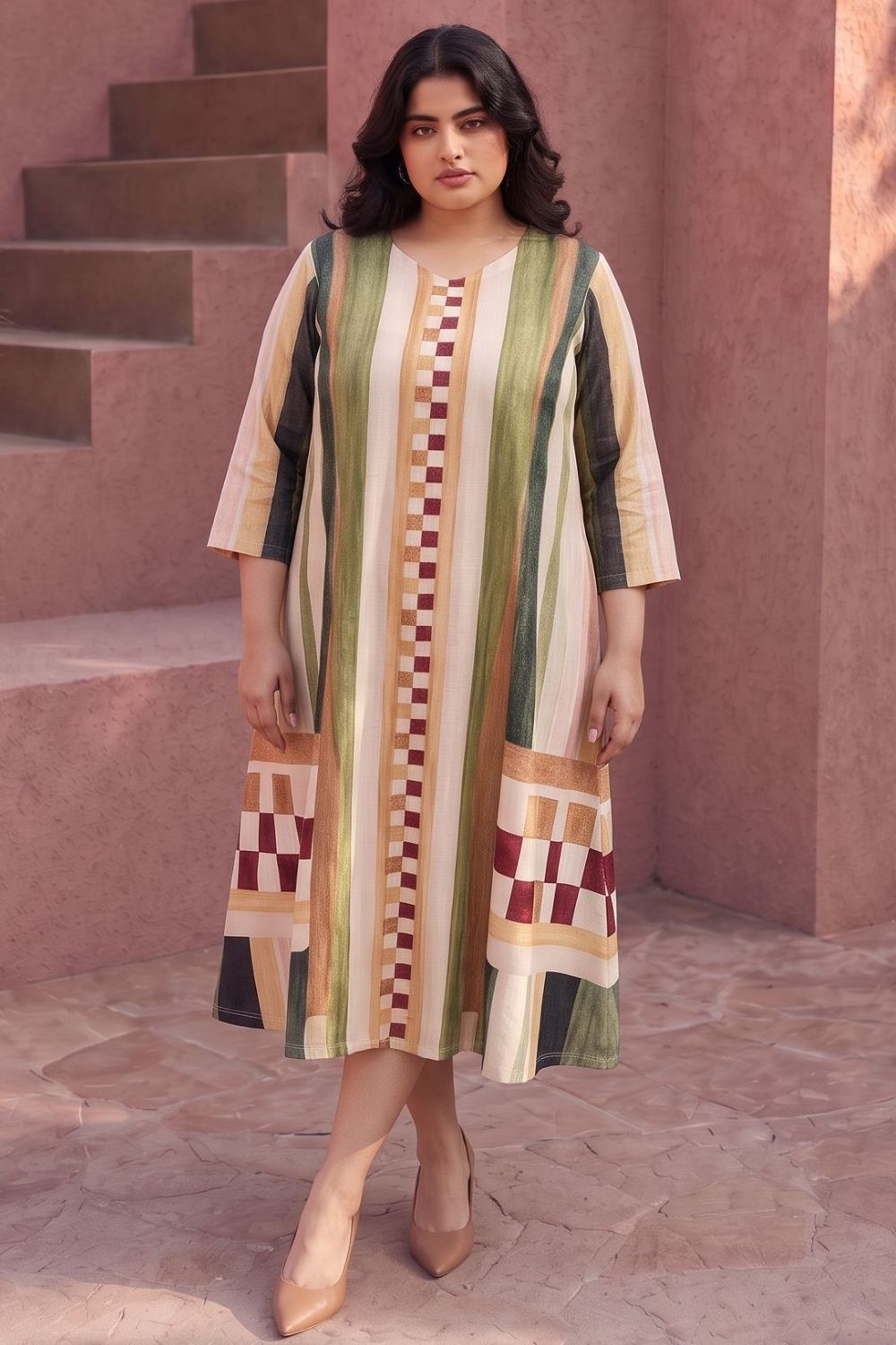 Plus Size Abstract check Print Midi Dress