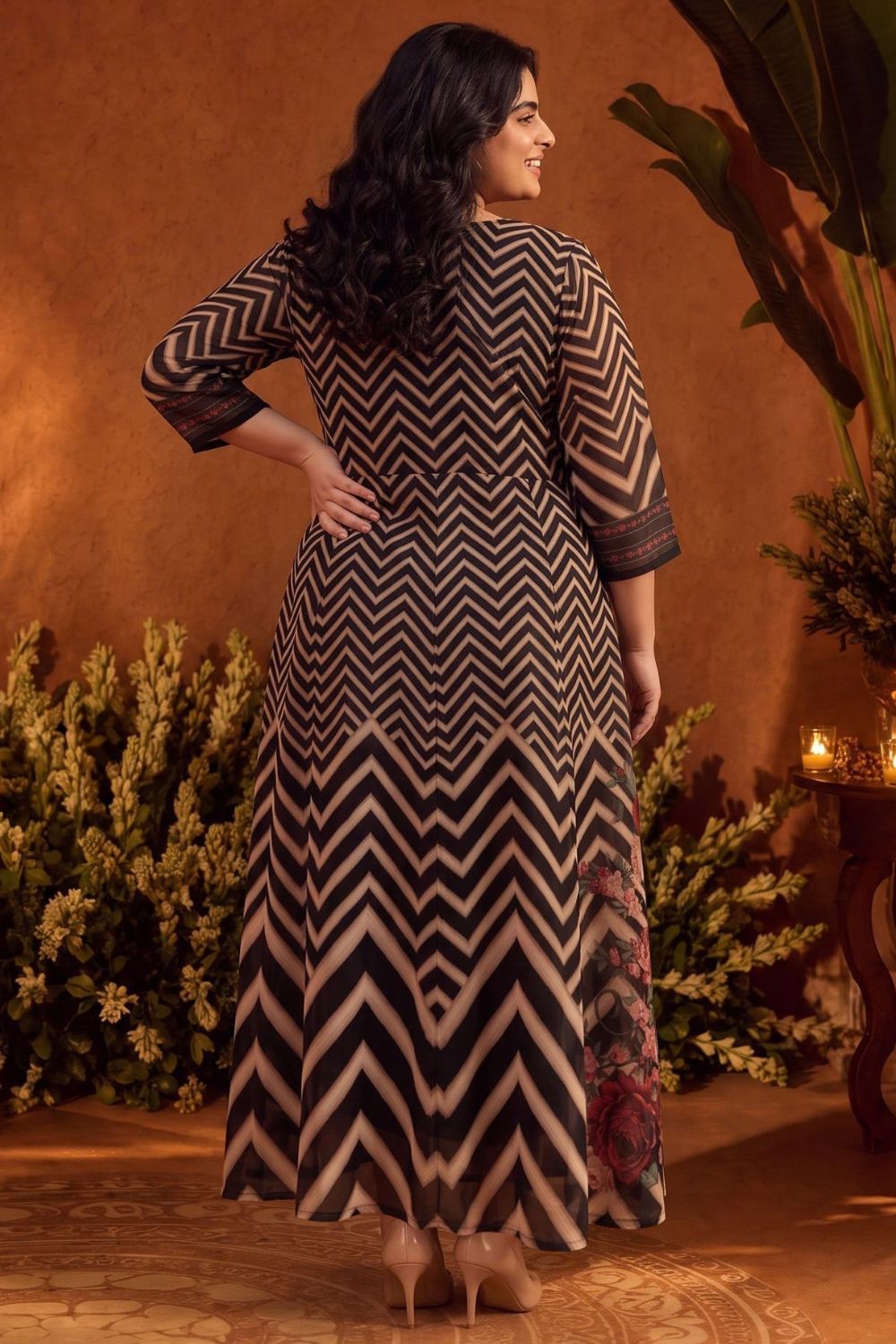 Plus Size Black Rose Chevron Print Georgette Anarkali Dress for Women