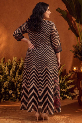 Plus Size Black Rose Chevron Print Georgette Anarkali Dress