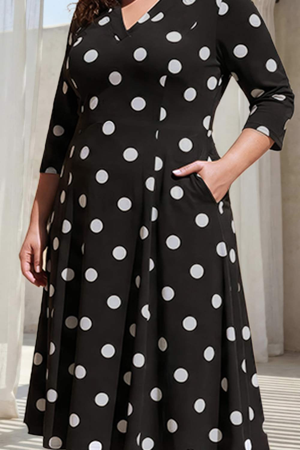 Plus Size Black Polka Print Rayon Midi Dress for Women
