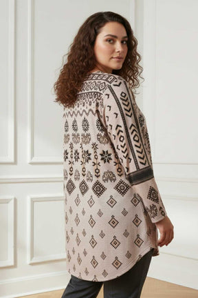 Plus Size Beige Printed V Neck SnugWeave™ Winter Top