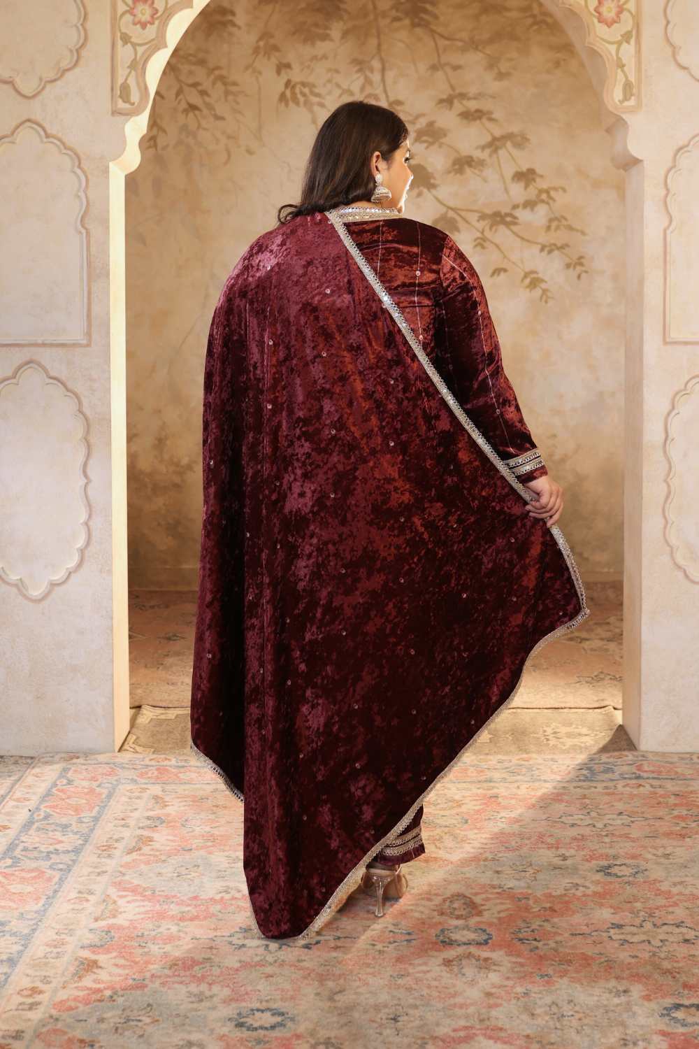 Plus Size Purple Print Velvet V Neck Suit Set for Women