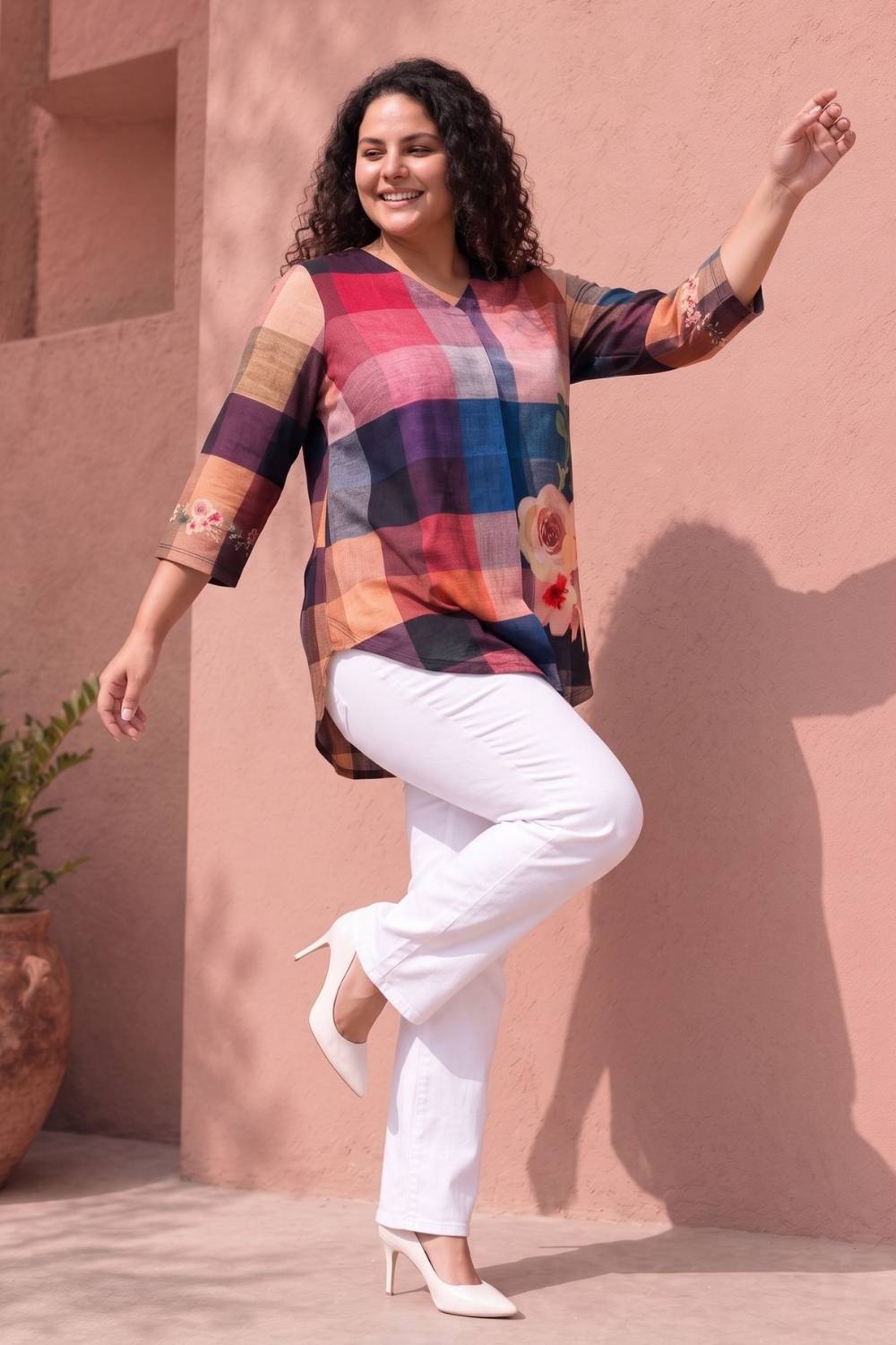 Plus Size Floral Check Print Top