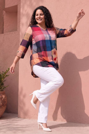 Plus Size Floral Check Print Top