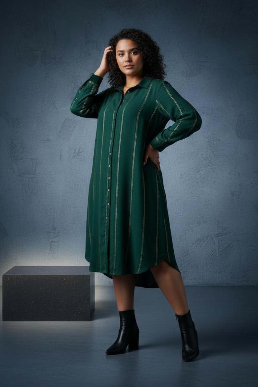 Plus Size Emerald Green Golden Pin Striped Shirt Dress