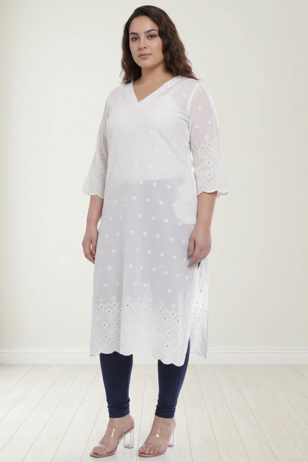 Comfortable Plus Size White Cotton Schiffli V Neck Kurta