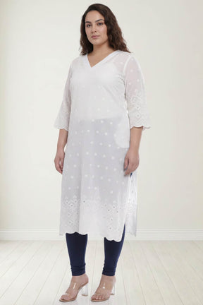 Plus Size White Cotton Schiffli V Neck Kurta