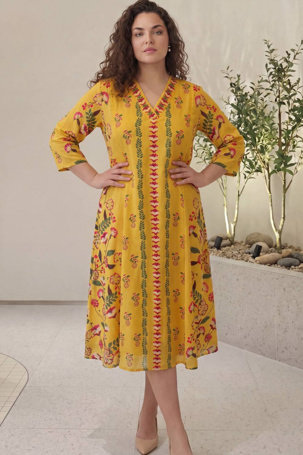 Comfortable Floral Folk Plus Size Midi Dress