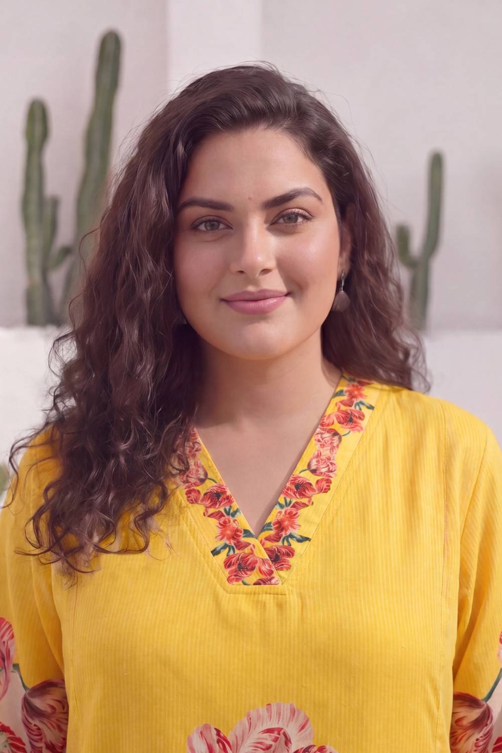 Plus Size Radiant Yellow Floral Print Cotton Midi Dress