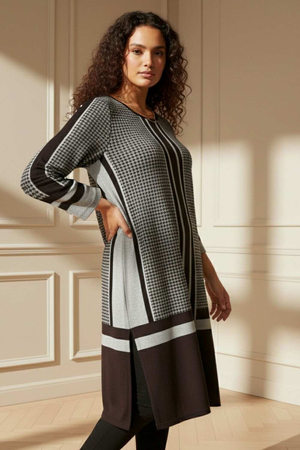 Plus Size Black Beige Stripe SnugWeave™ Winter Kurta