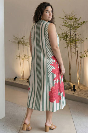 Plus Size Green Stripe Floral Print Sleeveless Cotton Midi Dress