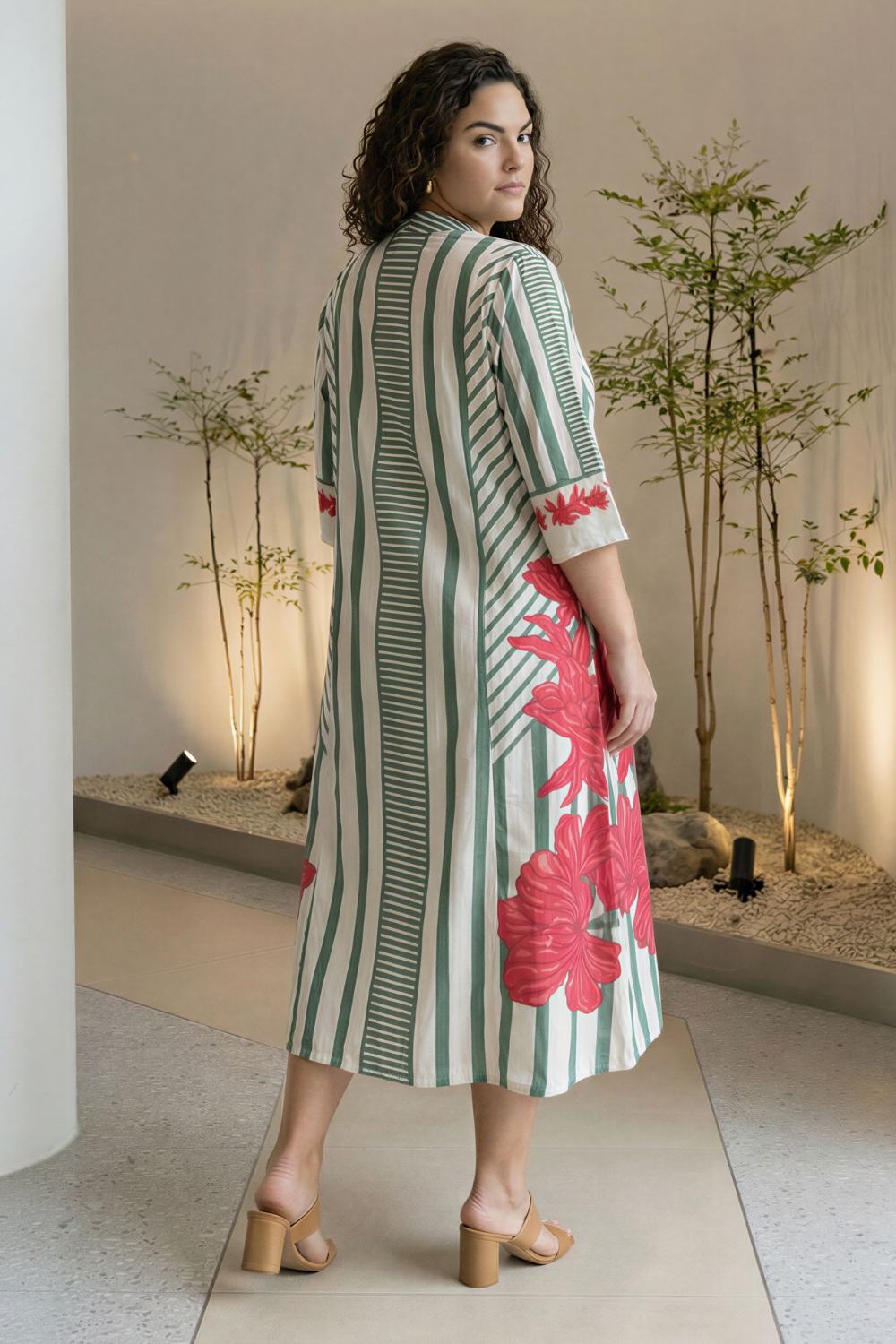 Plus Size Green Stripe Floral Print Cotton Midi Dress