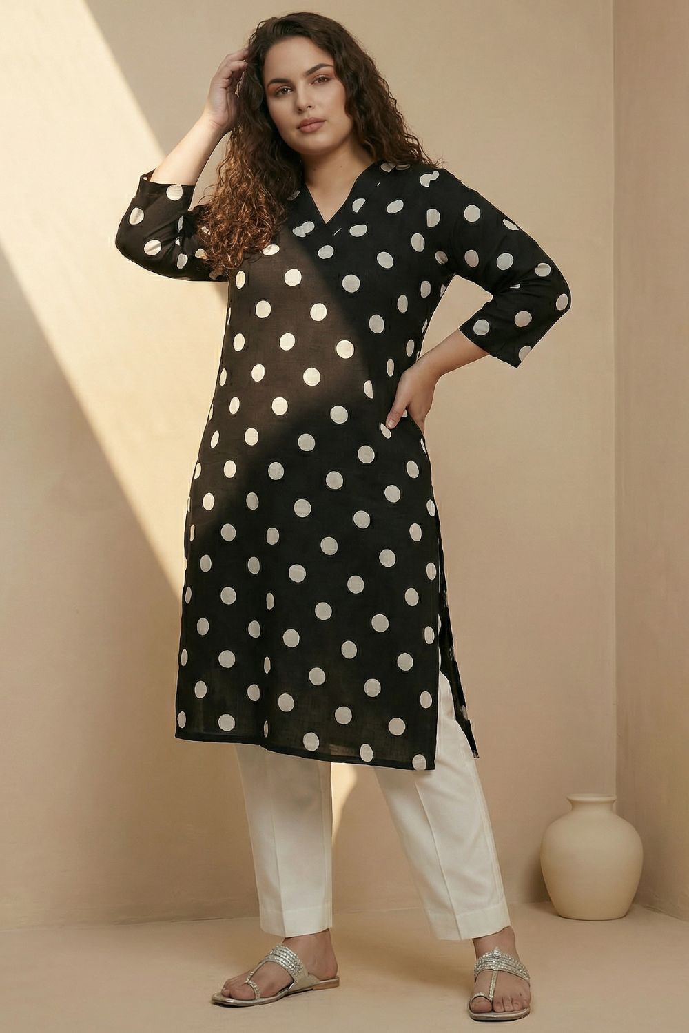 Buy Plus Size Black Polka Print Rayon V Neck Kurta