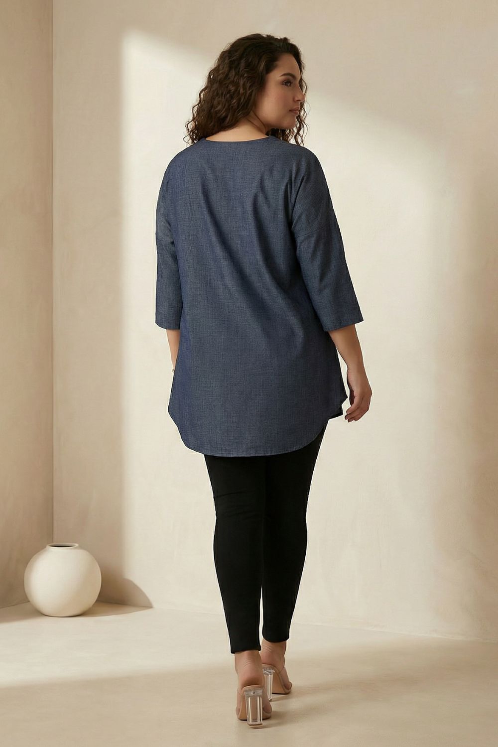 Comfortable Plus Size Denim Cotton V-Neck Top