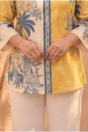 Plus Size Yellow Floral Printed Cotton Top