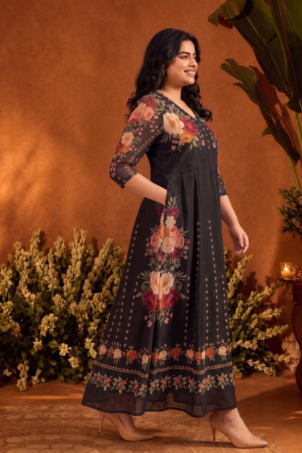Plus Size Plus Size Floral Elegance Print Georgette Anarkali Dress