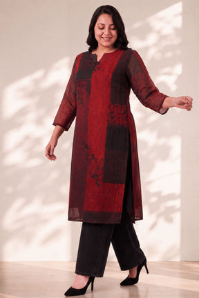 Plus Size Red and Deep Black Abstract Textured Print Georgette Kurta