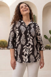 Plus Size Black White Leaf Print Cuban Collar Rayon Shirt