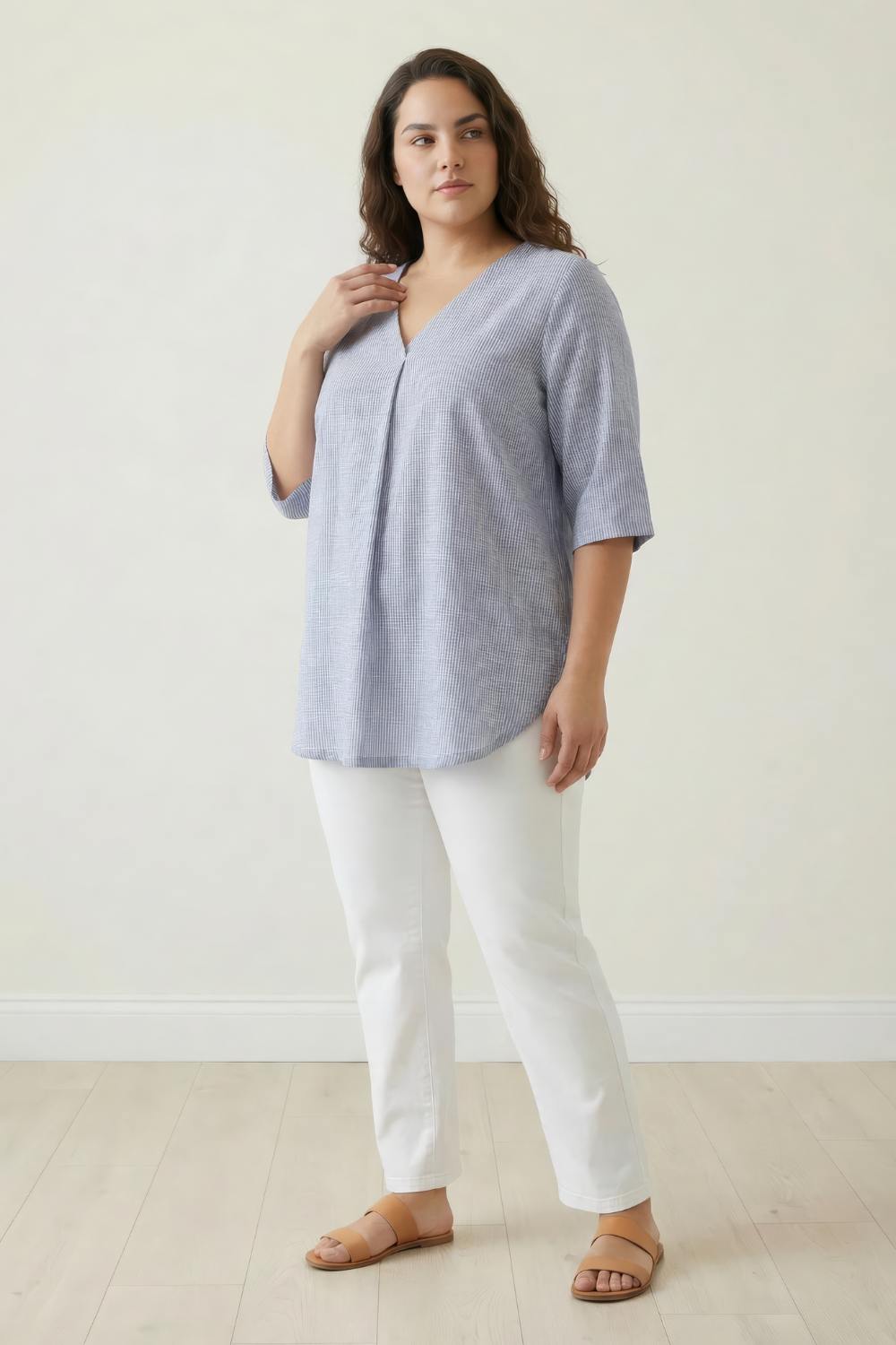 Plus Size Blue Chambray Pinstripe V-Neck Top