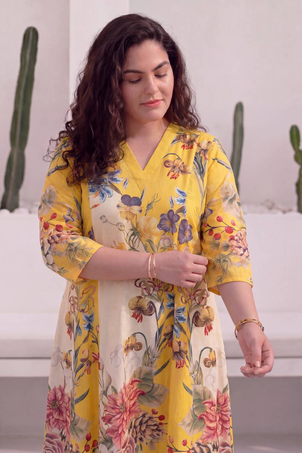 Comfortable Floral Charm Yellow Plus Size Midi Dress