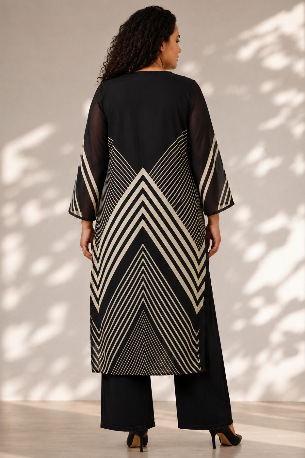 Plus Size Black Chevron Stripes Print Georgette Kurta
