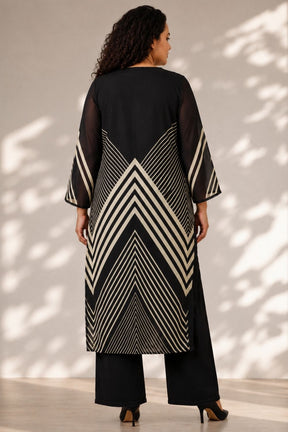 Plus Size Black Chevron Stripes Print Georgette Kurta