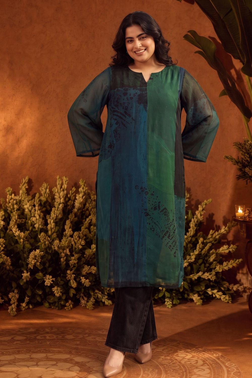Comfortable Plus Size Teal Artistry Straight Georgette Kurta