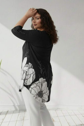 Plus Size Black White Floral Print Centre Pleat Top