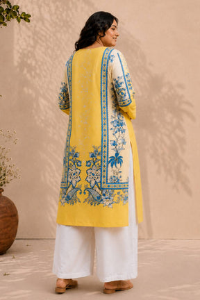 Plus Size Yellow Floral Print cotton Kurti