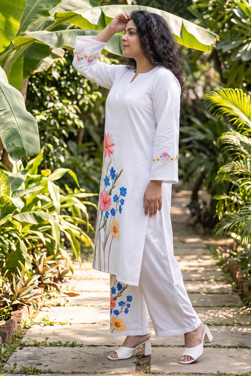 Plus Size White Floral Print Cotton Coord Set
