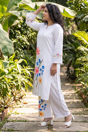 Plus Size White Floral Print Cotton Coord Set