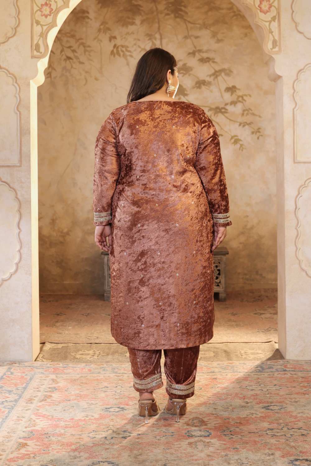Plus Size Mocha Brown Print Velvet Suit Set