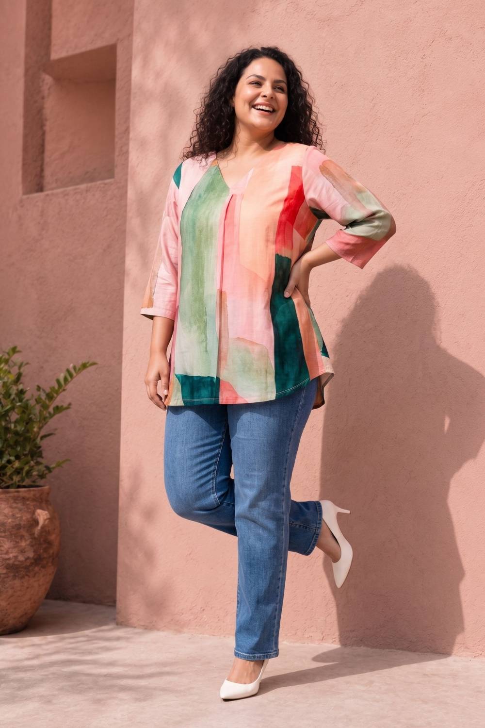 Plus Size Multicolor Abstract Print Top