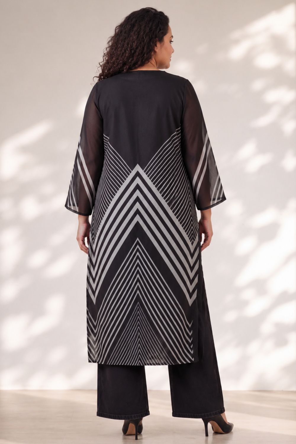 Plus Size Black Chevron Stripes Print Satin Georgette Kurta