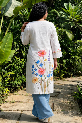 Plus Size White Floral Printed Cotton Kurta