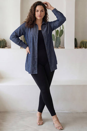 Plus Size Denim Cotton High Slit Longline Shirt