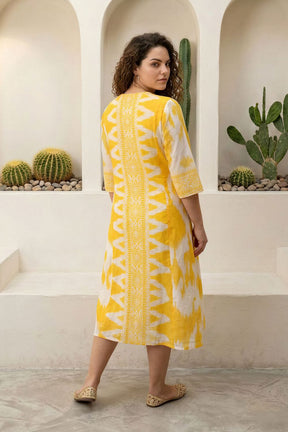 Plus Size Yellow Ikat Print Cotton Midi Dress