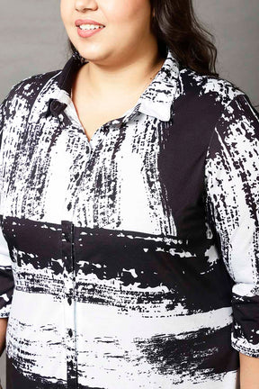 Plus Size Black Abstract Print Kurta Cum Shrug