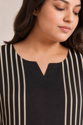 Plus Size Black Geometric Stripe Print Georgette Kurta