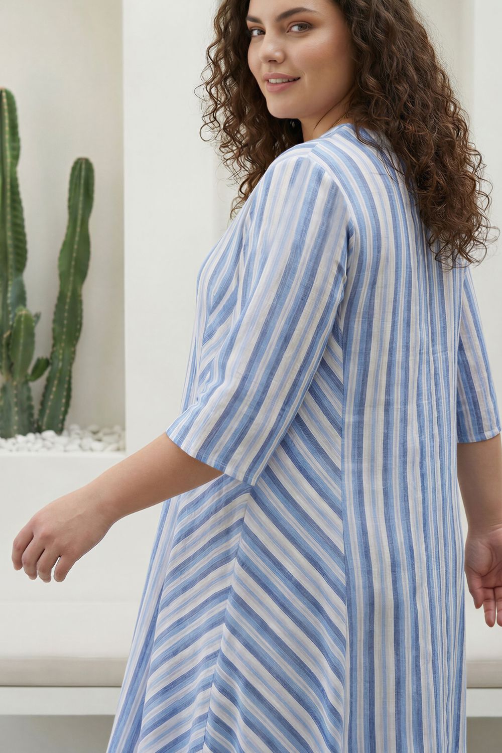 Plus Size Blue Stripe Print Cotton Midi Dress