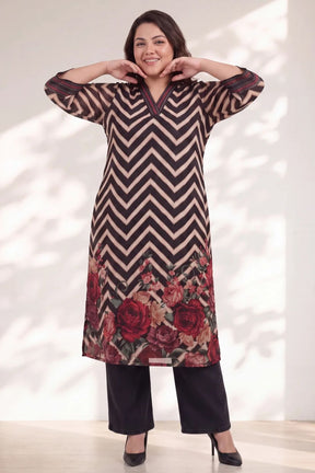 Plus Size Black Rose Chevron Print Georgette Kurta