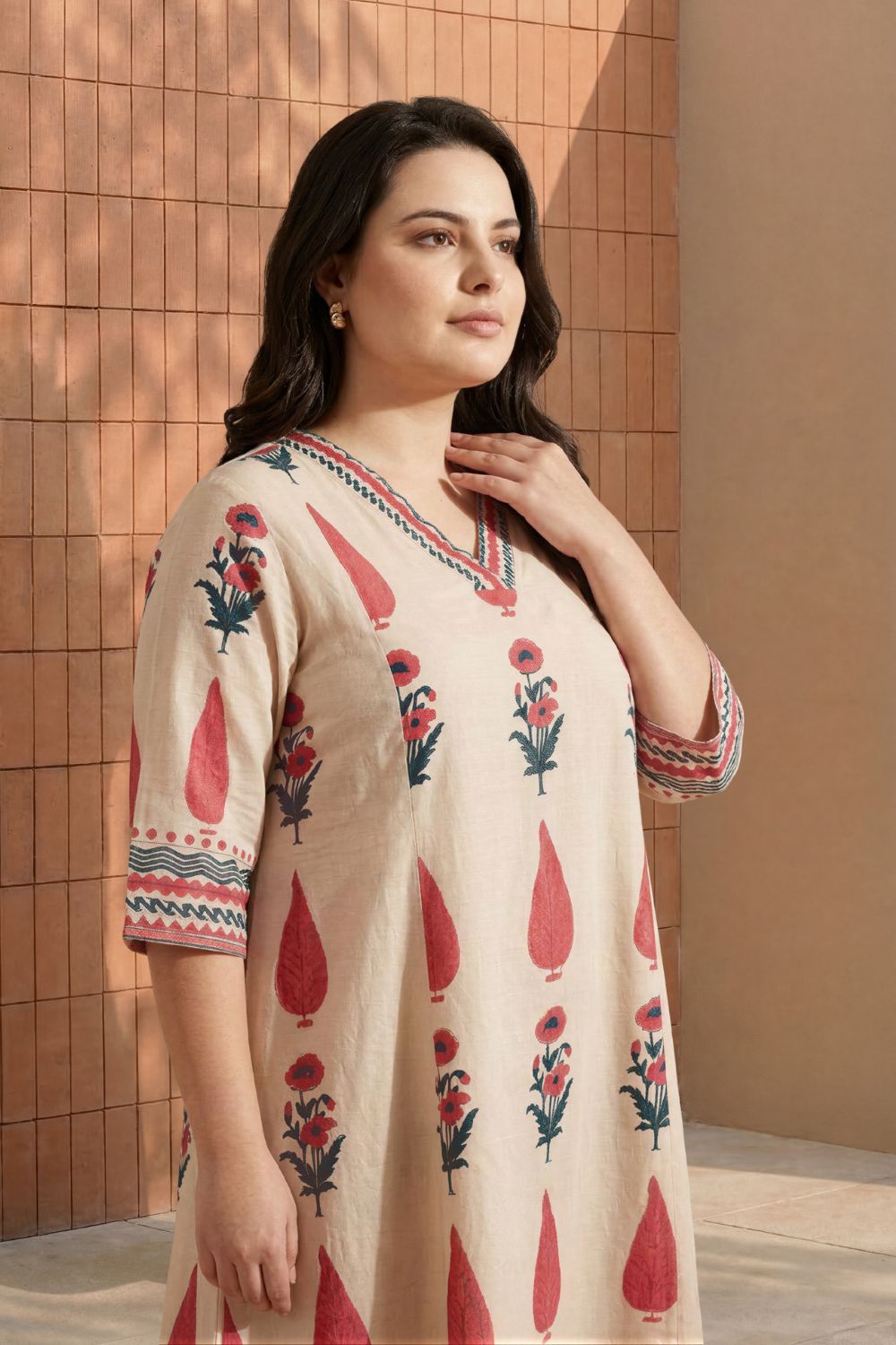 Plus Size Beige Floral Buta Print Cotton Midi Dress