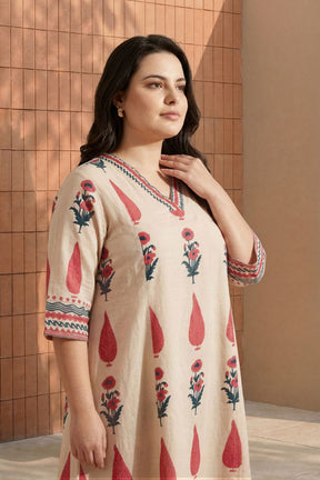 Plus Size Beige Floral Buta Print Cotton Midi Dress