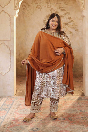 Plus Size Ivory Handblock Printed Velvet Suit Set